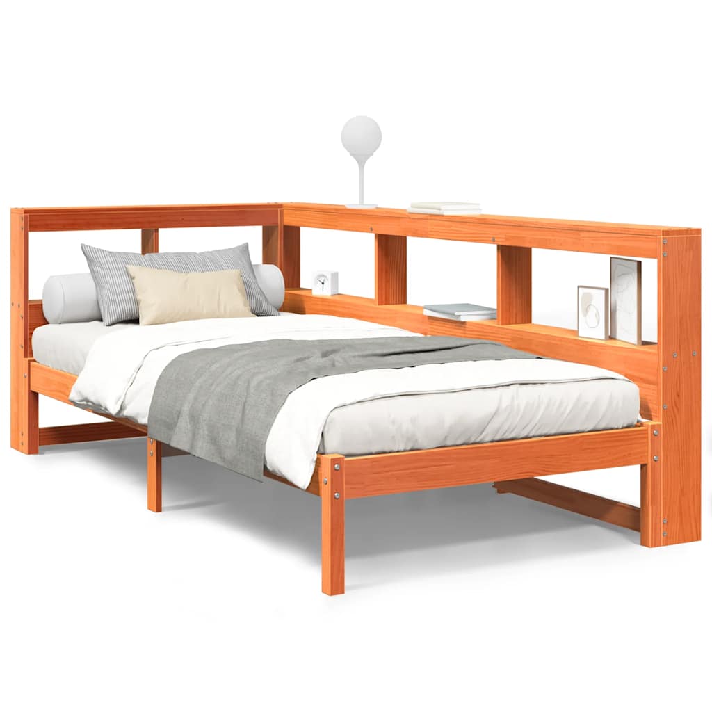 Solid Pine Wax Brown Bookcase Bed Frame 75x190 cm (No Mattress)