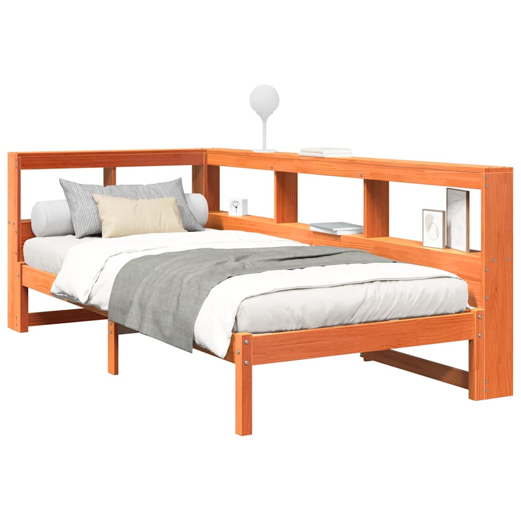 Solid Pine Wax Brown Bookcase Bed Frame 75x190 cm (No Mattress)