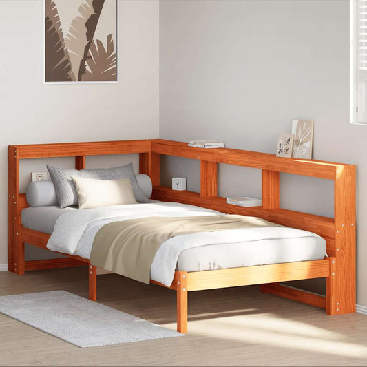 Solid Pine Wax Brown Bookcase Bed Frame 75x190 cm (No Mattress)