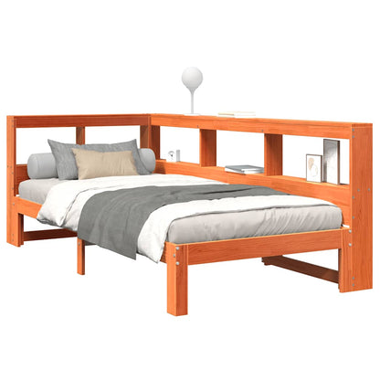 Solid Pine Wax Brown Bookcase Bed Frame 75x190 cm - No Mattress