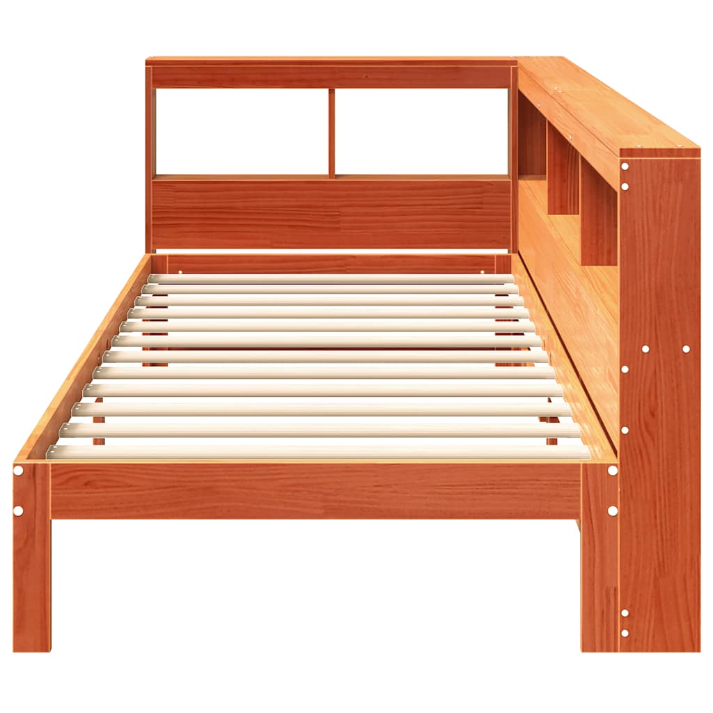 Solid Pine Wax Brown Bookcase Bed Frame 75x190 cm - No Mattress