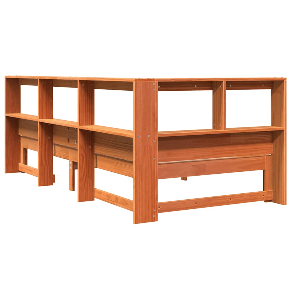 Solid Pine Wax Brown Bookcase Bed Frame 75x190 cm - No Mattress