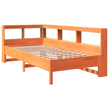 Solid Pine Wood Bookcase Bed Frame, Wax Brown, 75x190 cm