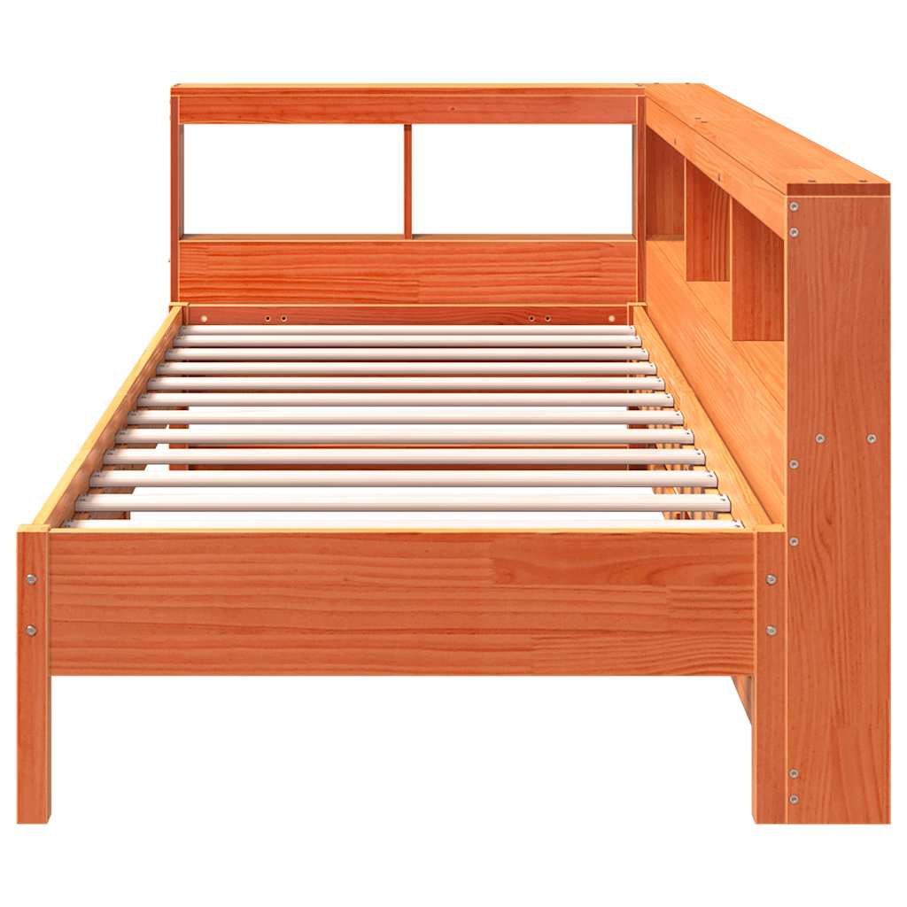 Solid Pine Wood Bookcase Bed Frame, Wax Brown, 75x190 cm