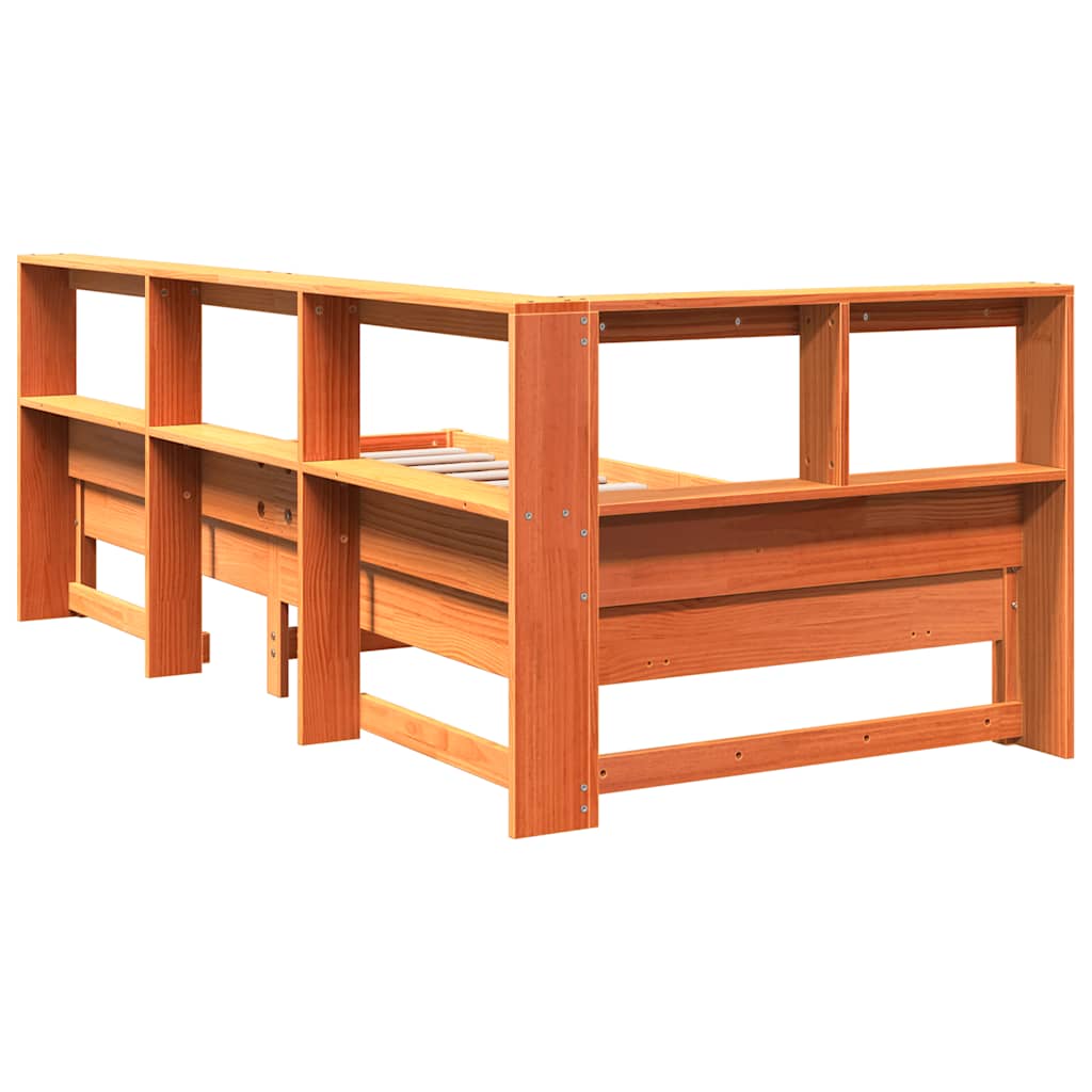 Solid Pine Wood Bookcase Bed Frame, Wax Brown, 75x190 cm
