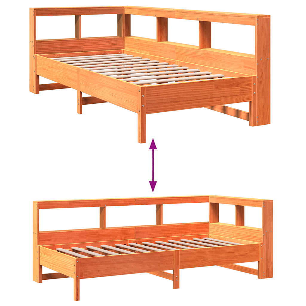 Solid Pine Wood Bookcase Bed Frame, Wax Brown, 75x190 cm