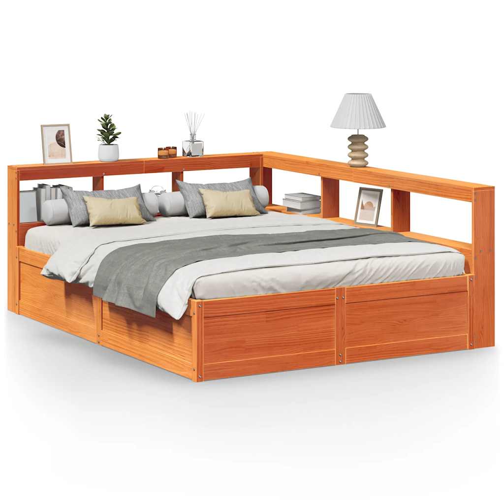 Wax Brown Solid Pine Bookcase Bed 150x200cm (No Mattress)