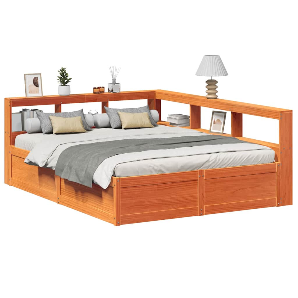 Wax Brown Solid Pine Bookcase Bed 150x200cm (No Mattress)