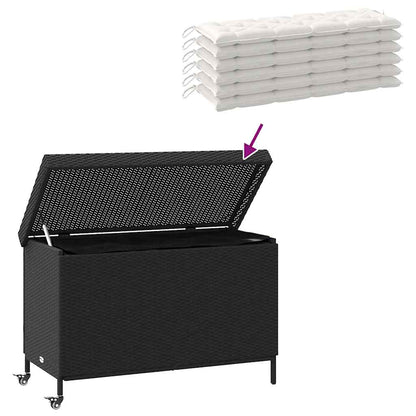 Black Poly Rattan Garden Storage Box with Wheels 110x55x73 cm