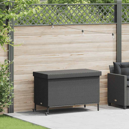 Black Poly Rattan Garden Storage Box with Wheels 110x55x73 cm