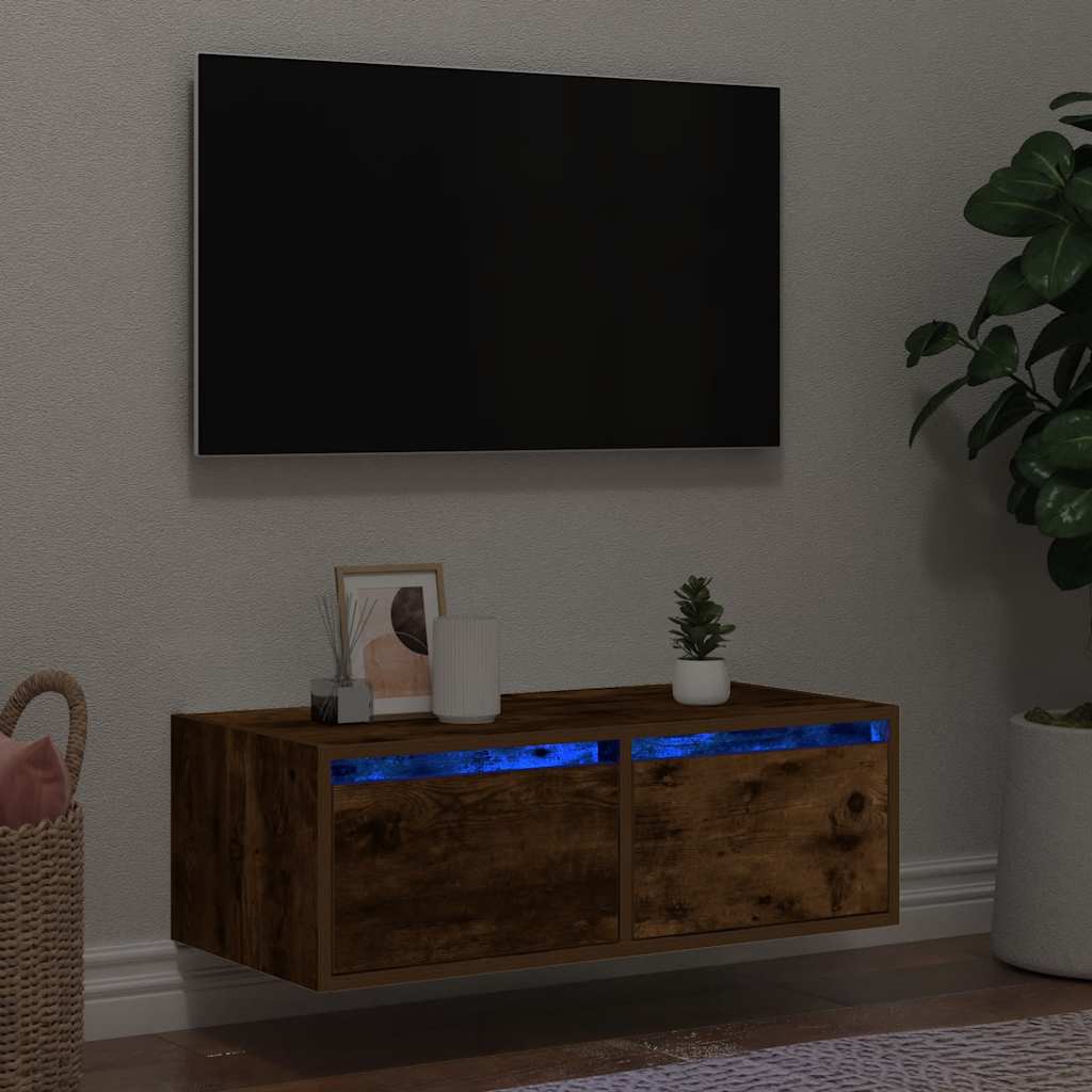 TV Cabinet with LED Lights Smoked Oak 75x35.5x25 cm