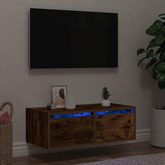 TV Cabinet with LED Lights Smoked Oak 75x35.5x25 cm