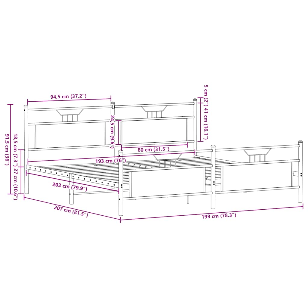 Metal Bed Frame without Mattress Smoked Oak 193x203 cm