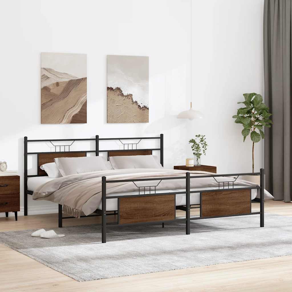 Brown Oak Metal Bed Frame 160x200 cm - Sturdy & Stylish Design
