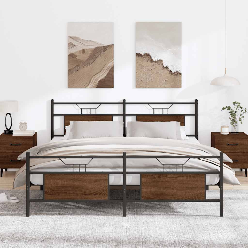 Brown Oak Metal Bed Frame 160x200 cm - Sturdy & Stylish Design