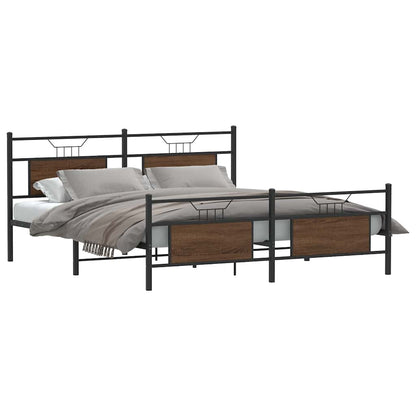 Brown Oak Metal Bed Frame 183x213 cm - Sturdy & Stylish Design
