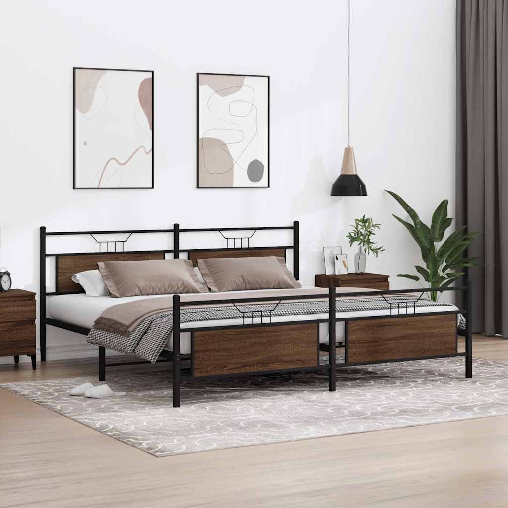 Brown Oak Metal Bed Frame 193x203 cm - Sturdy & Stylish Design