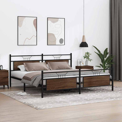 Brown Oak Metal Bed Frame 193x203 cm - Sturdy & Stylish Design