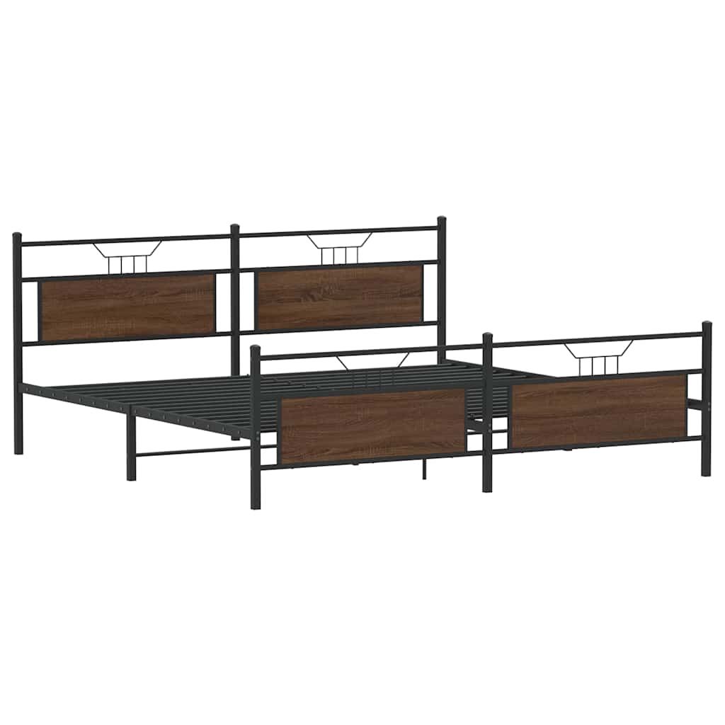 Brown Oak Metal Bed Frame 193x203 cm - Sturdy & Stylish Design