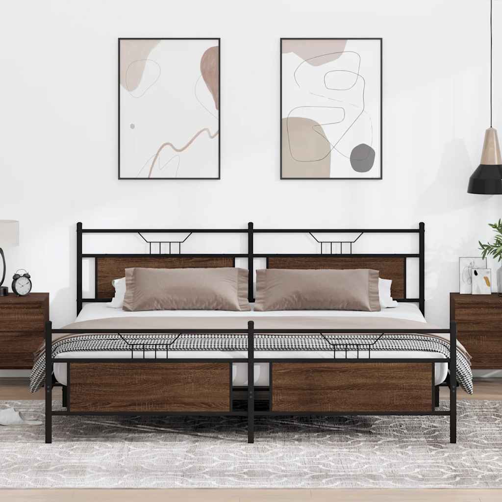 Brown Oak Metal Bed Frame 193x203 cm - Sturdy & Stylish Design