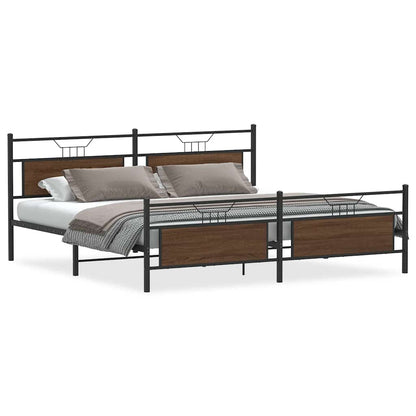 Brown Oak Metal Bed Frame 200x200cm - Durable & Stylish Design