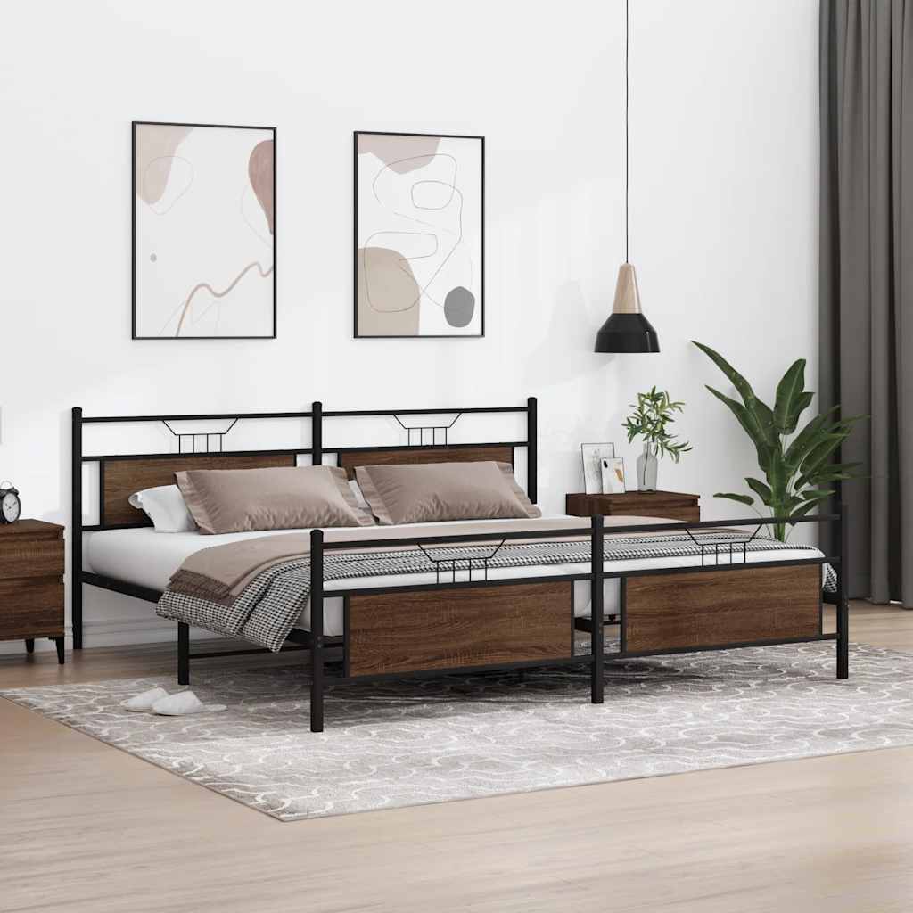 Brown Oak Metal Bed Frame 200x200cm - Durable & Stylish Design