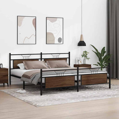 Brown Oak Metal Bed Frame 200x200cm - Durable & Stylish Design