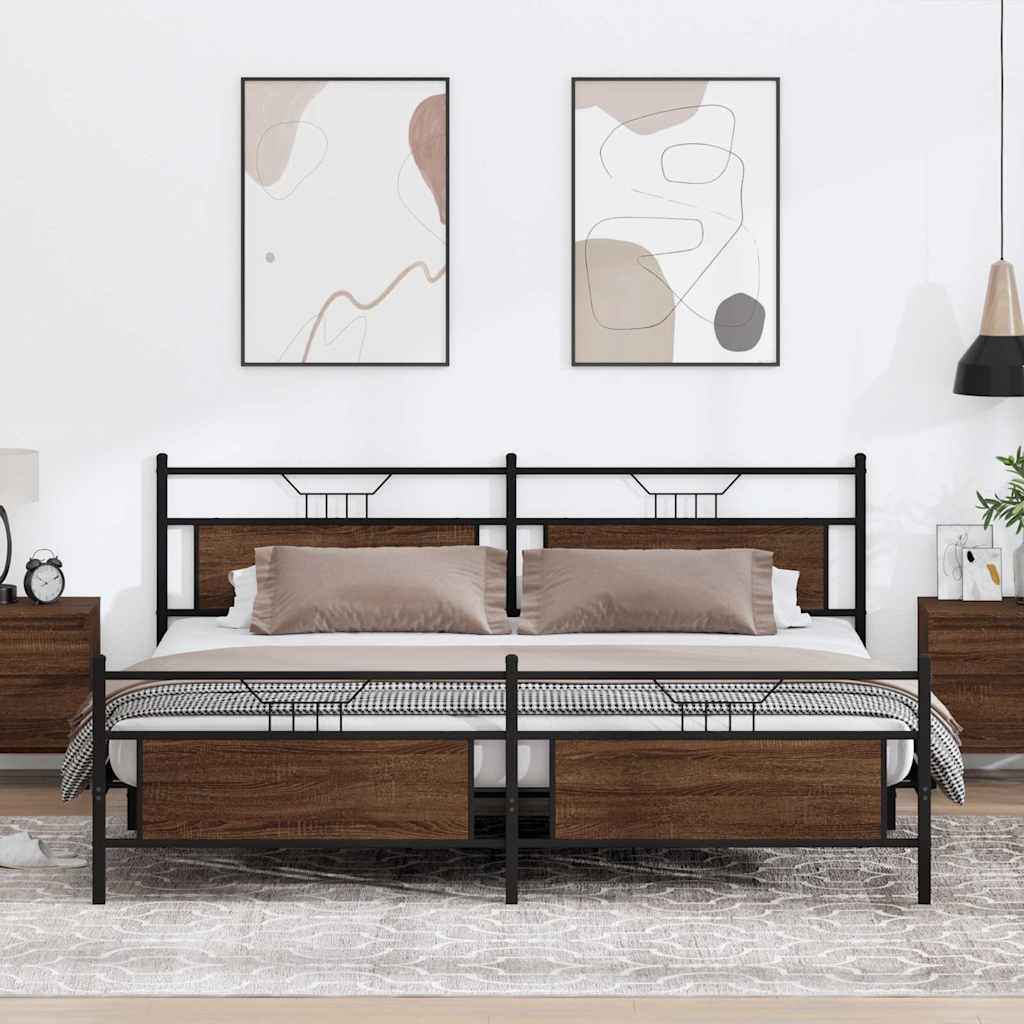 Brown Oak Metal Bed Frame 200x200cm - Durable & Stylish Design