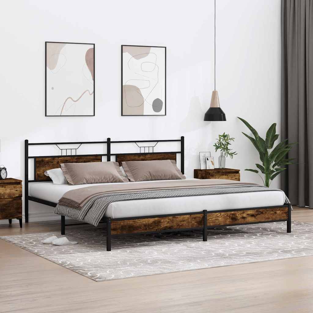 Smoked Oak Metal Bed Frame 200x200 cm - Sturdy & Stylish Design