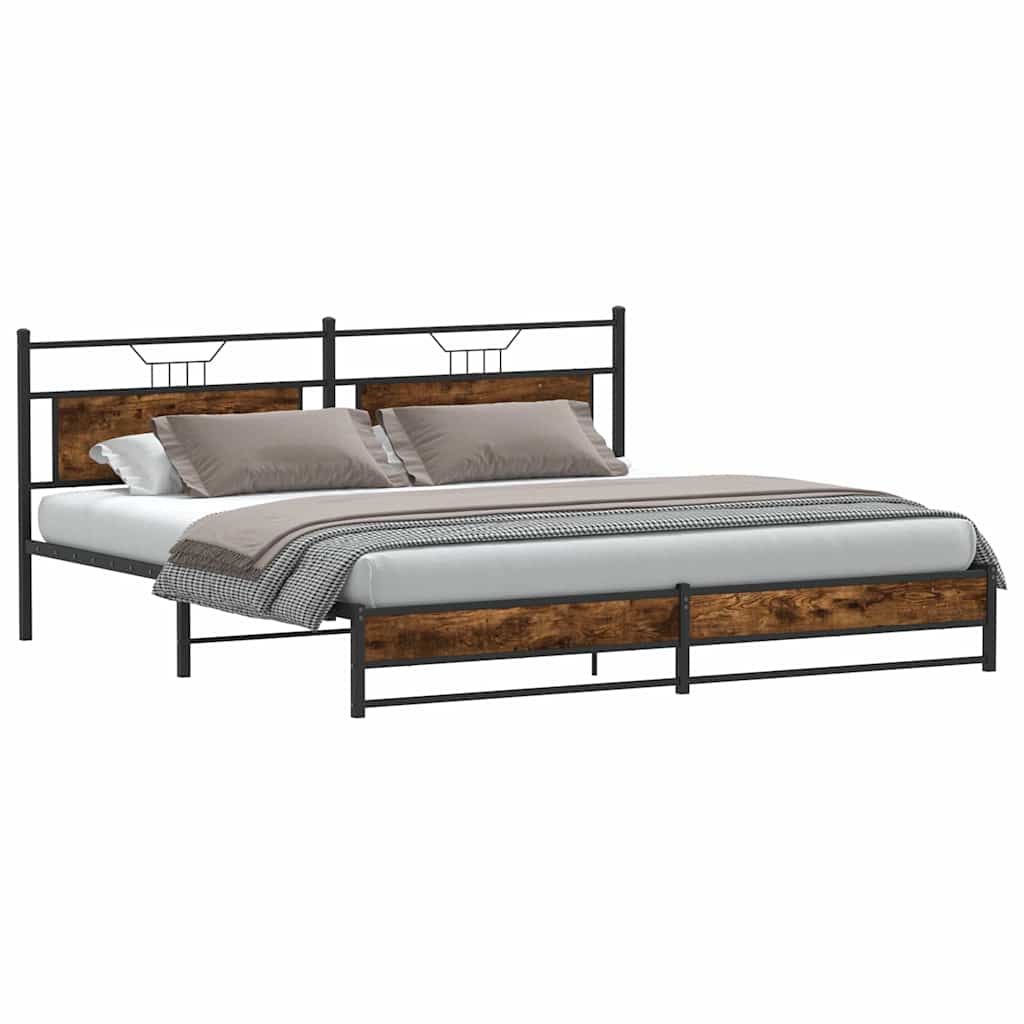Smoked Oak Metal Bed Frame 200x200 cm - No Mattress Included