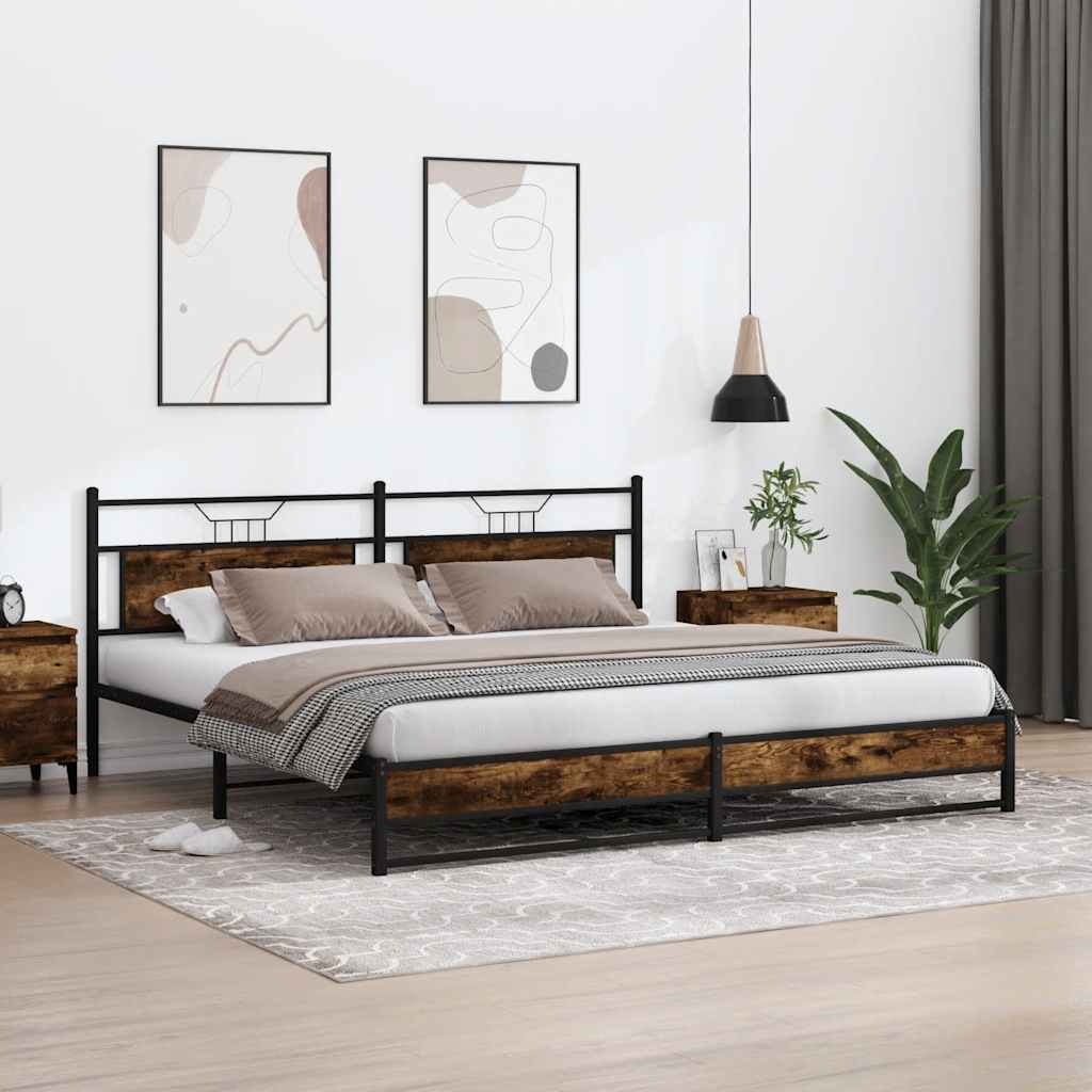 Smoked Oak Metal Bed Frame 200x200 cm - No Mattress Included