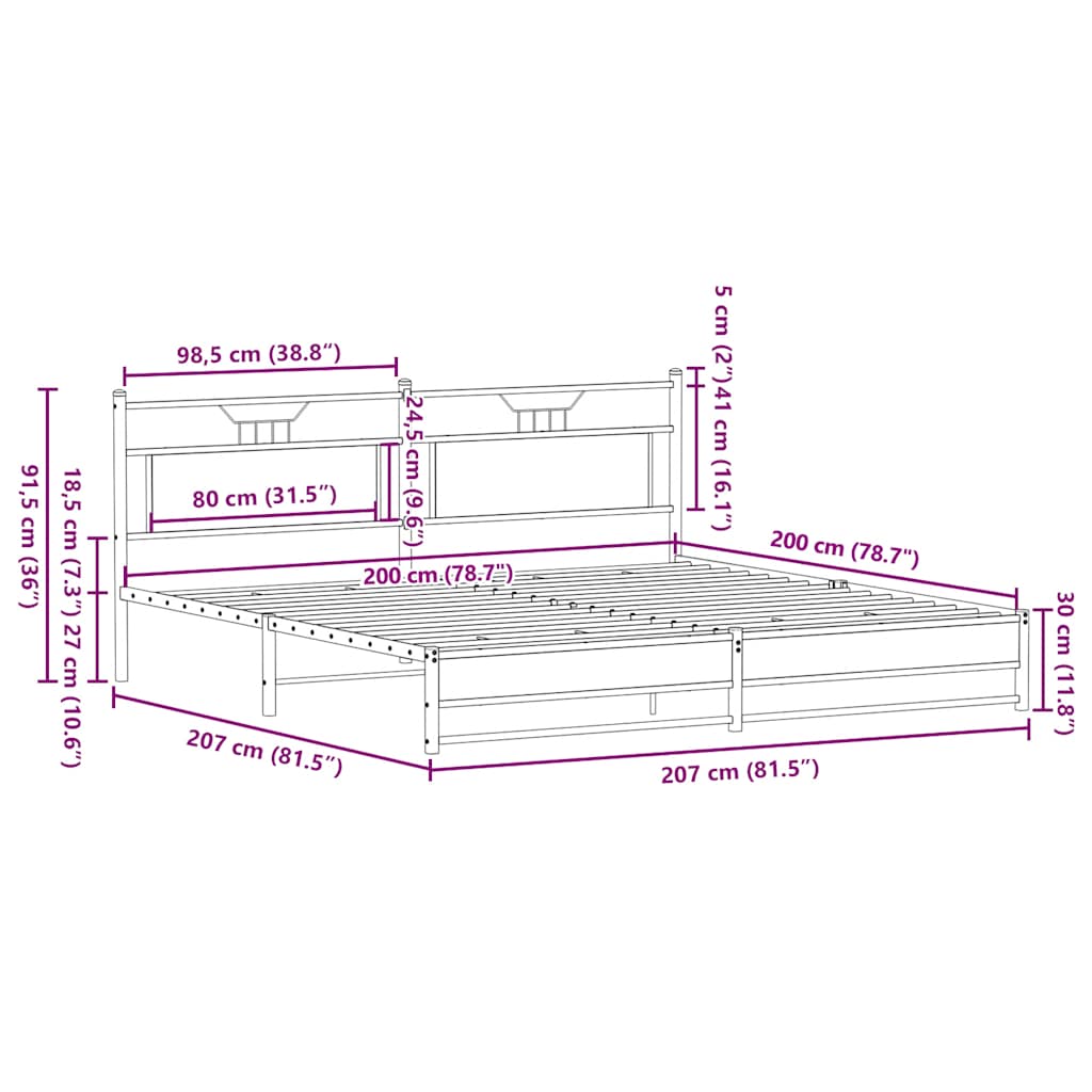 Smoked Oak Metal Bed Frame 200x200 cm - No Mattress Included