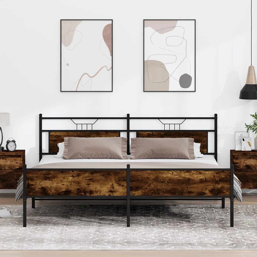 Smoked Oak Metal Bed Frame 193x203 cm - No Mattress Included