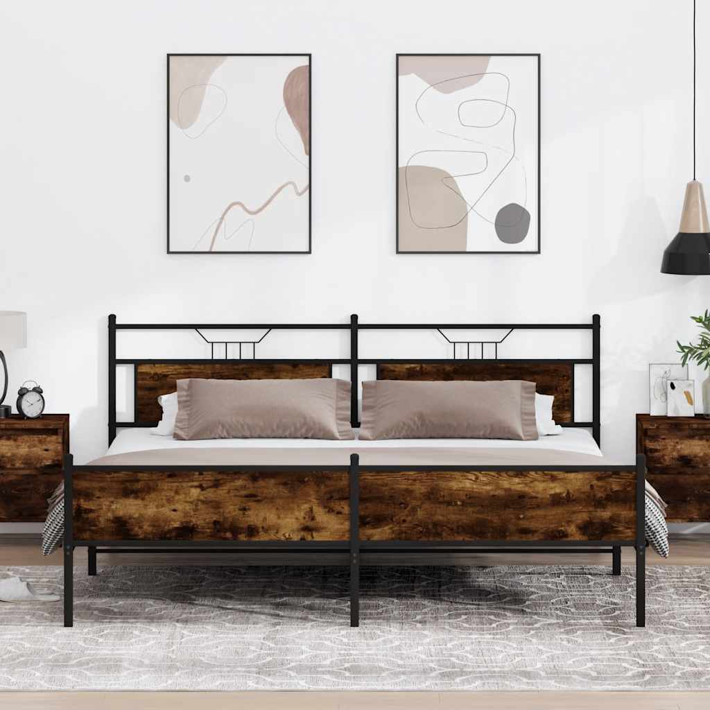 Smoked Oak Metal Bed Frame 200x200 cm - Mattress Not Included