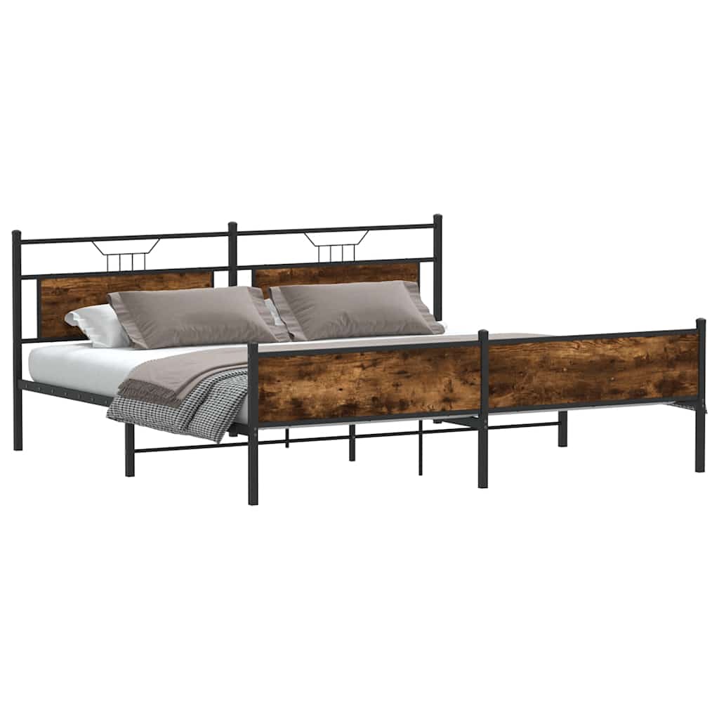 Smoked Oak Metal Bed Frame 200x200 cm - Mattress Not Included