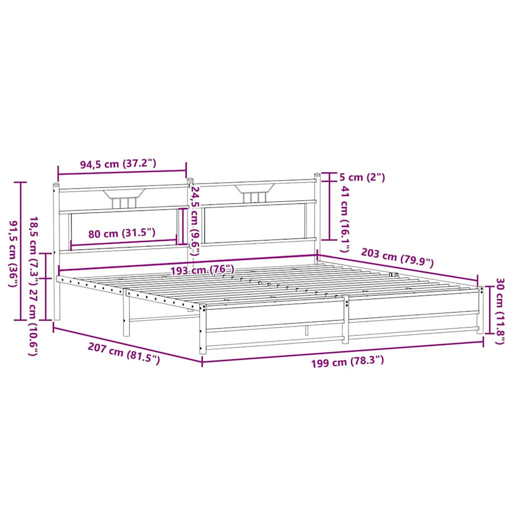 Sonoma Oak Metal Bed Frame 193x203 cm - No Mattress Included