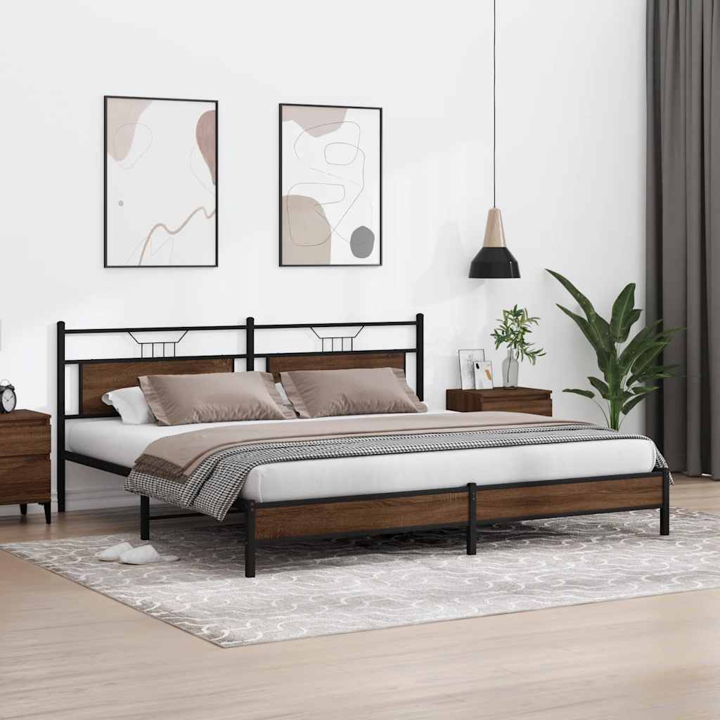Brown Oak Metal Bed Frame 193x203 cm - No Mattress Included