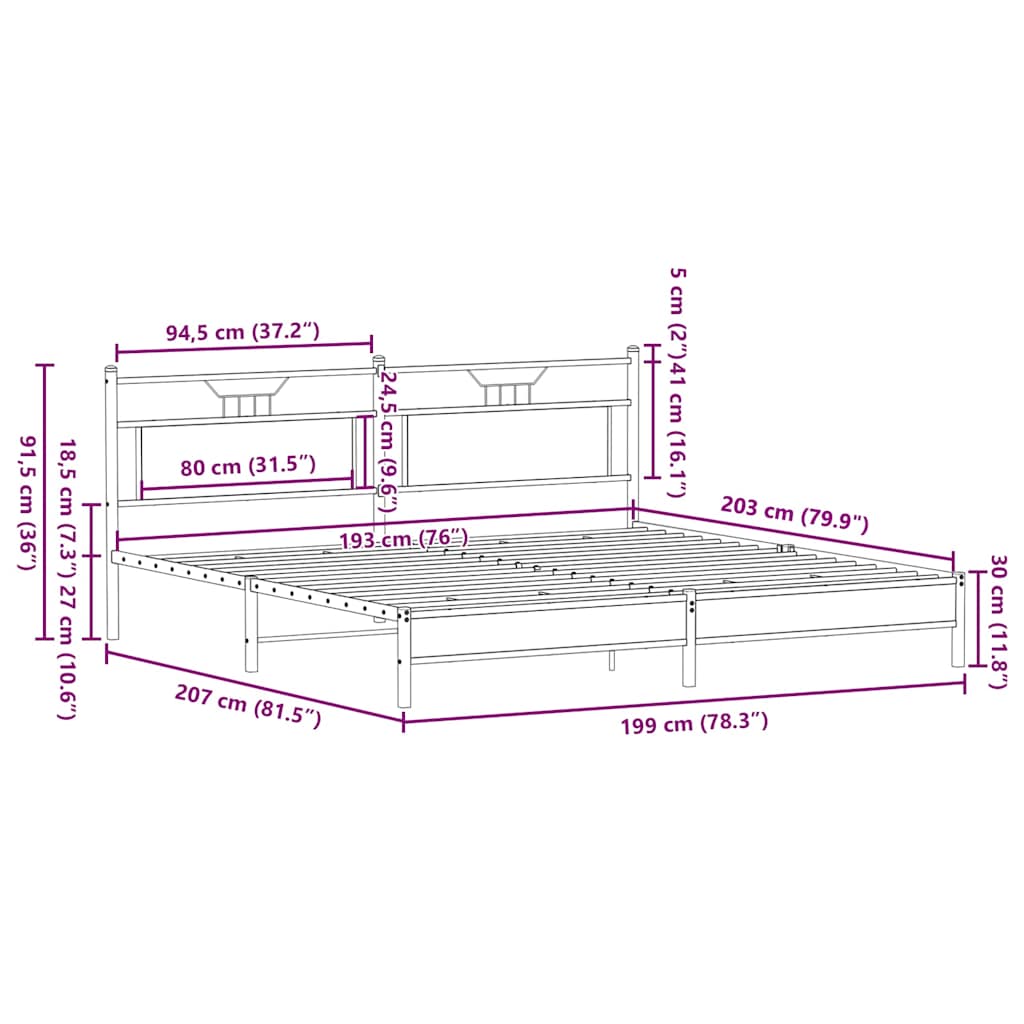 Brown Oak Metal Bed Frame 193x203 cm - No Mattress Included