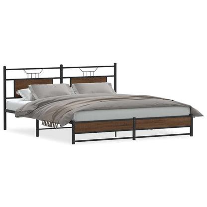 Queen Metal Bed Frame with Brown Oak Finish 183x213 cm
