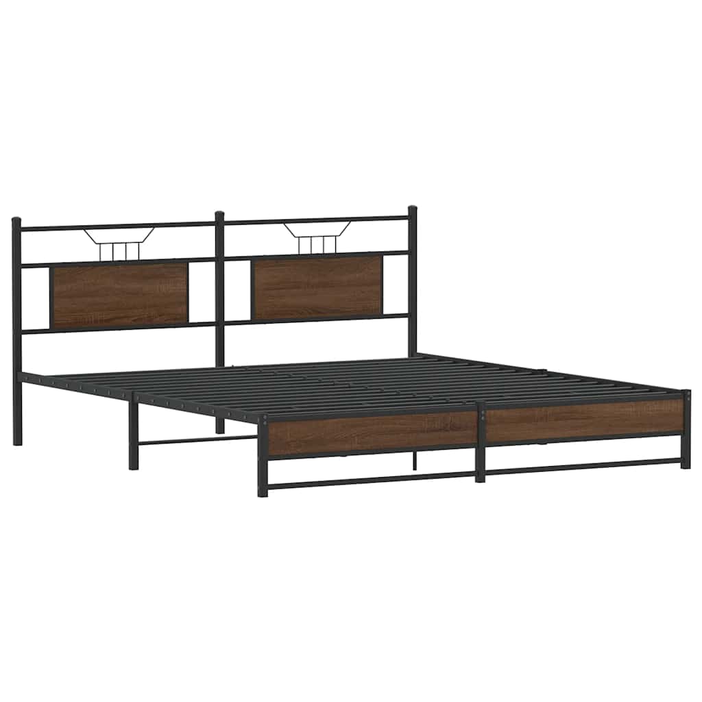 Queen Metal Bed Frame with Brown Oak Finish 183x213 cm