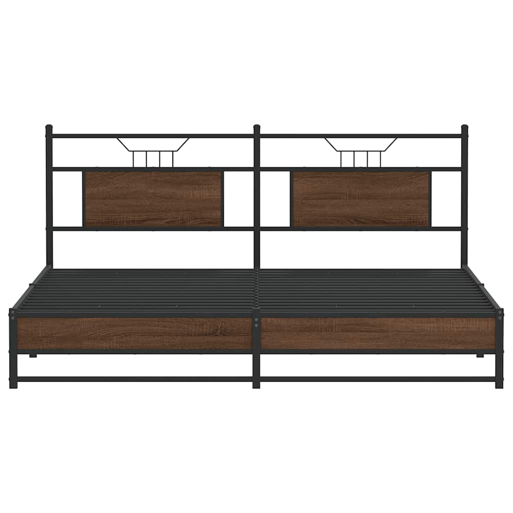 Queen Metal Bed Frame with Brown Oak Finish 183x213 cm