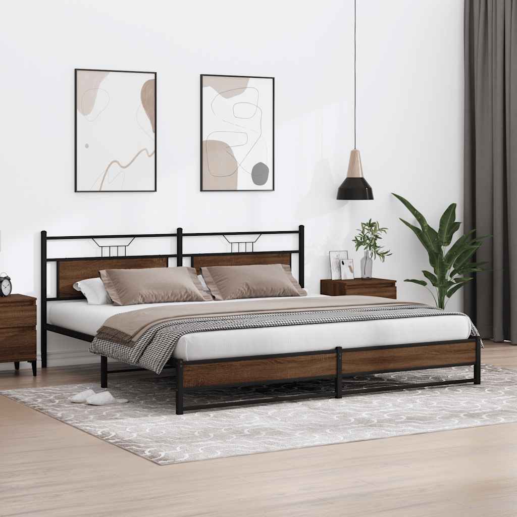 Brown Oak Metal Bed Frame 193x203 cm - No Mattress Included