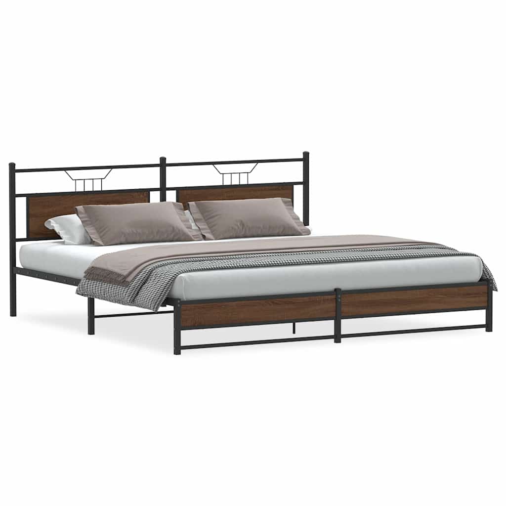 Brown Oak Metal Bed Frame 200x200 cm - Sturdy & Elegant Design