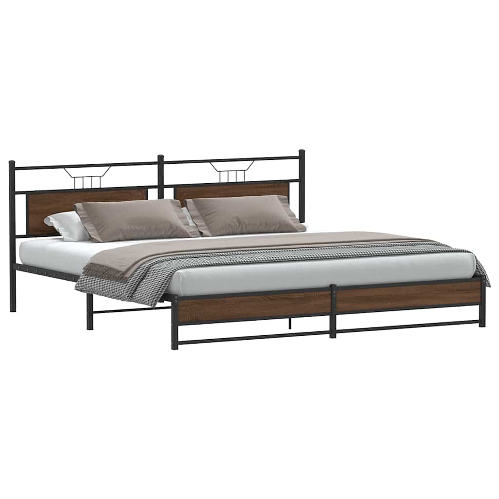 Brown Oak Metal Bed Frame 200x200 cm - Sturdy & Elegant Design