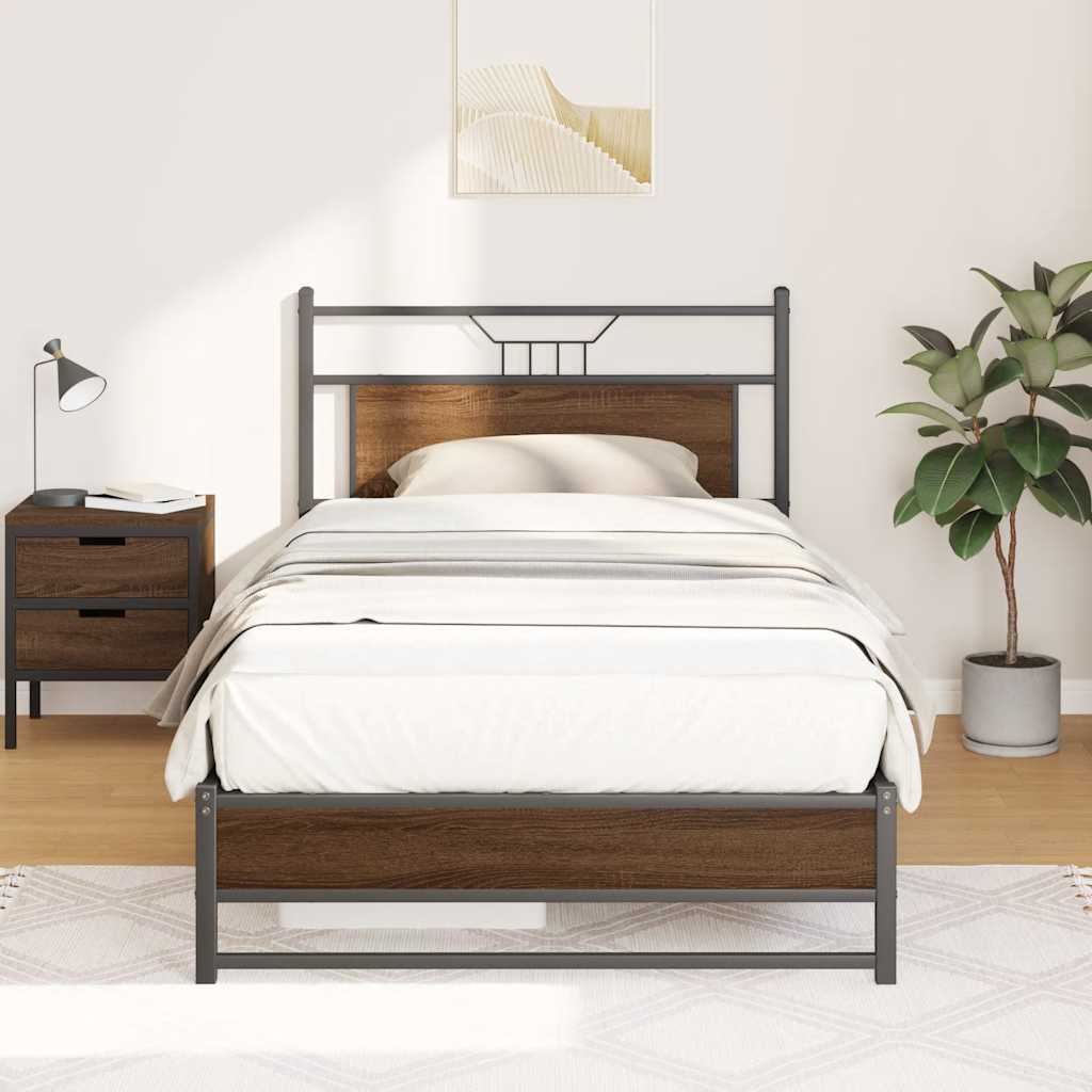Brown Oak Bed Frame 100x190 cm - Engineered Wood, No Mattress