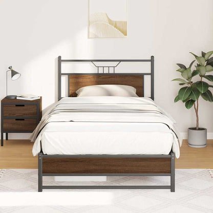 Brown Oak Bed Frame 100x190 cm - Engineered Wood, No Mattress
