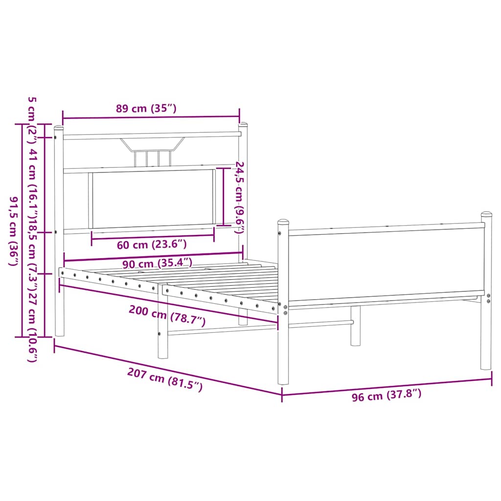 Brown Oak Bed Frame 90x200 cm - Engineered Wood, No Mattress Included
