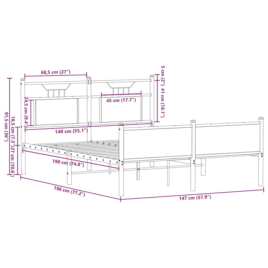 Brown Oak 140x190 cm Bed Frame, Engineered Wood, No Mattress Included
