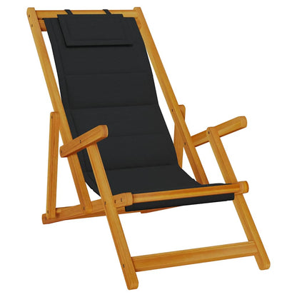 Black Acacia Folding Beach Chair with Armrests - Textilene Comfort