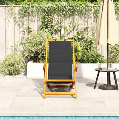 Black Acacia Folding Beach Chair with Armrests - Textilene Comfort